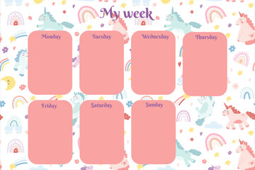 Weekly planner with cute rainbows and unicorns in cartoon flat style. Vector illustration for kids stationary, schedule, list, school timetable, extracurricular activities © Chorna Viktoriia