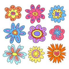 Vector set of fancy retro style flowers. Good vibes daisy flower. Funky primitive flowers illustration. Vintage style 1960 and 1970s
