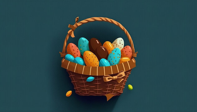 Time For Chocolate Easter Eggs In A Basket, Colorful And Yummy