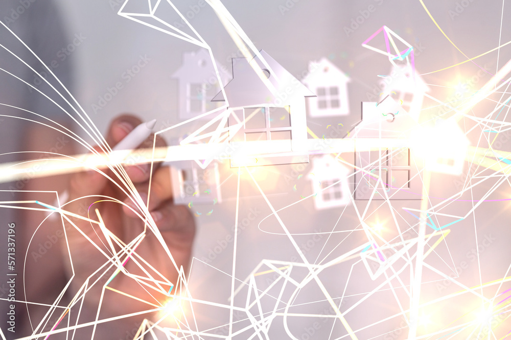 Poster home data. Digital cyberspace with particles and Digital data network connections concept.