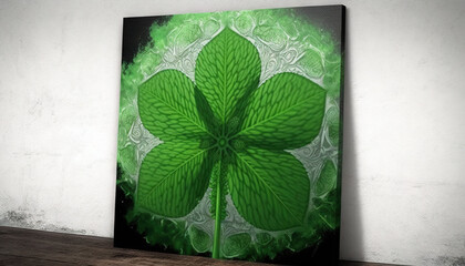  a painting of a four leaf clover on a white wall with a wooden floor in front of a white wall and a wooden floor in front of it.  generative ai