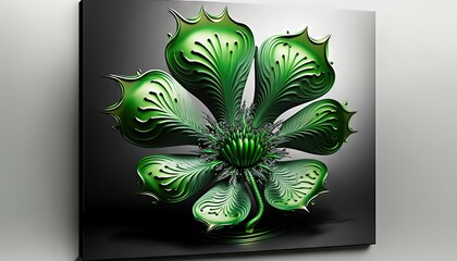  a painting of a green flower on a black and white background with a silver background and a black background with a silver background and a white background.  generative ai