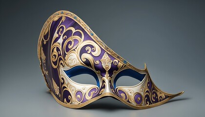  a purple and gold mask with gold accents on a gray background with a black background and a gray background with a gray background and a gray background.  generative ai
