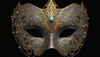  a masquerade mask with a blue and gold design on it's face and a gold filigreet on the front of the mask.  generative ai