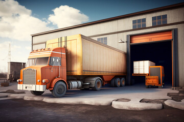 Large truck with trailer, loaded with boxes, in a yard of a transport and forwarding company - AI generative