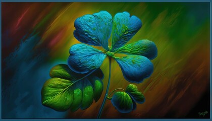  a painting of a blue flower with green leaves on a blue background with a blue border around the image and a green stem on the top of the flower.  generative ai