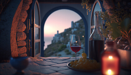 Α plate of grapes and a glass of wine at Santorini island with caldera view from window - obrazy, fototapety, plakaty