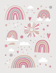 Cute forecast collection. Illustration of the rainbows, hearts, stars, sun and clouds