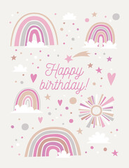 Happy birthday greeting card. Illustration of the rainbows, hearts, stars and clouds
