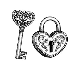 Heart shaped padlock and key.