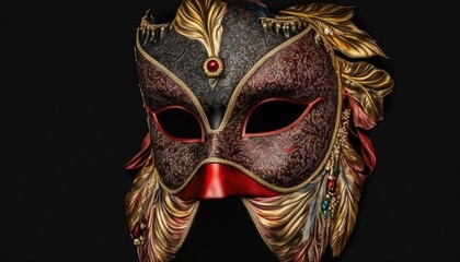  a red and gold mask with feathers on the side of the mask, with a red eye patch on the side of the mask, and a black background.  generative ai
