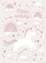 Happy birthday greeting card. Illustration of the unicorn, rainbows, hearts, stars and clouds