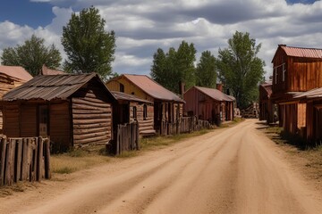 Fototapeta na wymiar Old west small town. Dirt road with western small wooden houses on both sides - generative ai