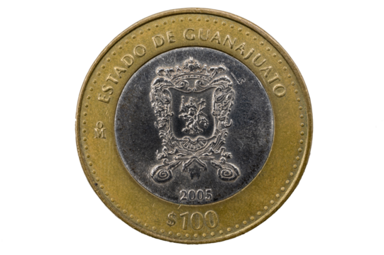 Moneda de 100 pesos del estado de Guanajuato plata 2005, Reverso escudo del estado de Guanajuato, Reverso Escudo Mexicano, Aguila devorando una serpiente.