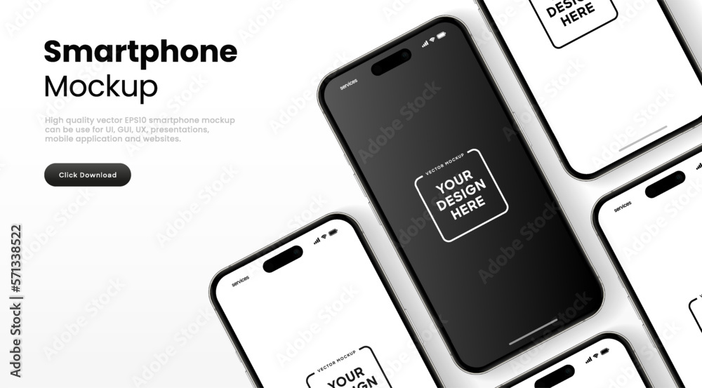 Poster 3D realistic high quality smartphone mockup with isolated background. Smart phone mockup collection. Device front view. 3D mobile phone with shadow on white background.