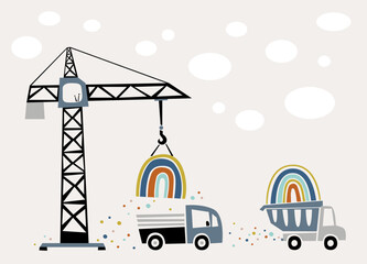 Rainbow construction site. Illustration of the crane loads rainbow on the dump truck © vikis