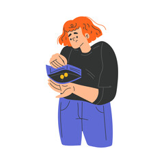 Poor Woman Character with Empty Wallet Having No Money Vector Illustration
