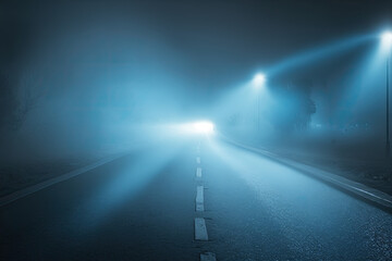 Wet asphalt of the night city, Blue fog, light. Illustrations Generative AI