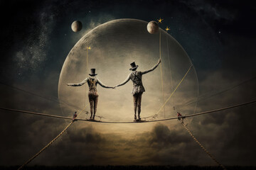 Tightrope jugglers performing acrobatics, symbolizes admiration for the talent and dedication of circus performers. AI generated illustration. - obrazy, fototapety, plakaty