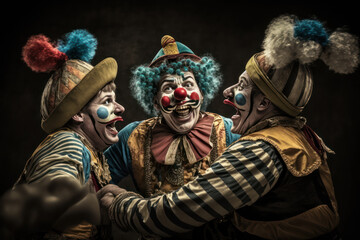 An image of three clowns playing tricks and pranks in the circus ring, purity and innocence of the circus. AI generated illustration.