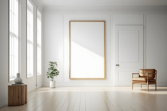 Minimalist room, large blank frame, light wood frame, white luxury style inside studio, white walls, overexposed - created with AI