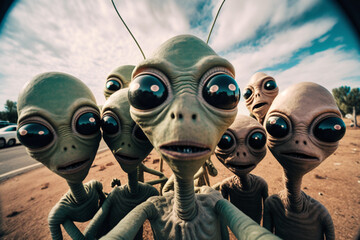 aliens in the desert take a selfie. Generative AI - obrazy, fototapety, plakaty