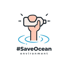Save ocean campaign hand holding bottle logo icon design drawing vector illustration