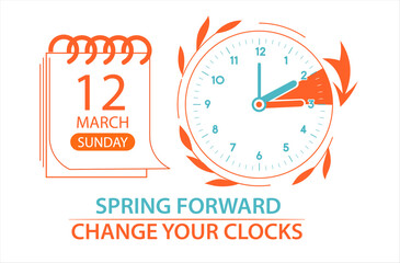 Daylight Saving Time Begins 2023 web banner. Change your clocks forward one hour. Spring forward web guide reminder with schedule and date in graphic flat style. Vector illustration