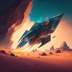 Artistic illustration of a fast spaceship in futuristic landscape