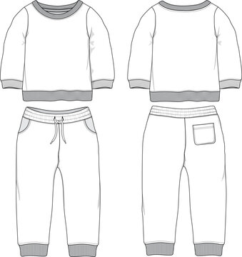 Unisex Boys Girls Baby Toddler Longsleeve Fleece Sweatshirt Pants Set Mockup Sketch Template Technical CAD Illustration