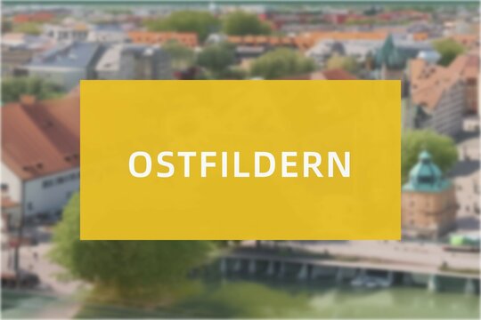 Ostfildern: Der Name der deutschen Stadt Ostfildern im Bundesland Baden-W&uuml;rttemberg vor einem Hintergrundbild