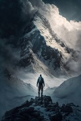Dramatic mountain with clouds and hiker. Generative AI.