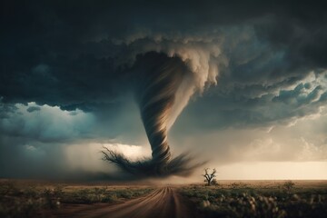 Dramatic view of coming Tornado. Generative AI.