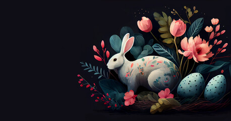 Illustration of rabbit as copy space banner with Easter bunny hiding pained eggs in flowers on black background generative AI art	
