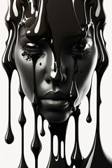 Dripping black paint across the shape of a female head. Generative AI.
