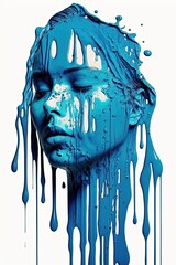 Dripping blue paint across the shape of a female head. Generative AI.