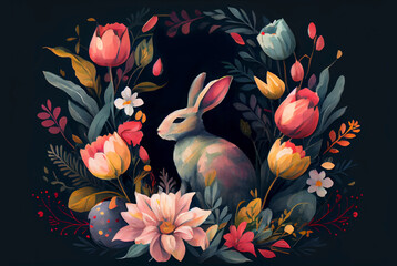 Painting of rabbit in floral vignette as card illustration of Easter bunny on black background generative AI art	