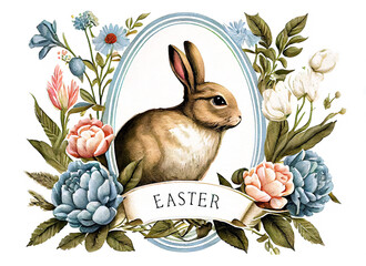 Vintage engraving Easter card as illustration of Easter bunny in flowers vignette with text Easter as rabbit generative AI art