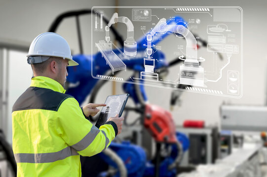 Young asian Engineer manager checking and controling automation robot arms machine in intelligent factory industrial on real time monitoring system software