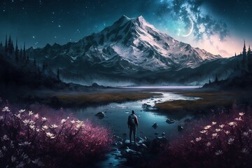 Digital painting of a man looking into a massive snow mountain, standing next to a river and lush green field in a moonlit night dreamy atmosphere
