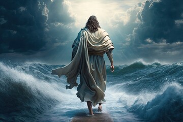 Jesus Christ walks on water. Generative AI.
