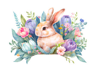 Watercolor painting of rabbit as illustration of Easter bunny in floral vignette of flowers and tulips with copy space card design generative AI art