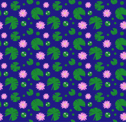 Seamless pattern of the lotus flowers and leaves floating on the water