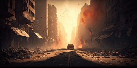 A burned city street with no life generative ai apocalyptic scene	
