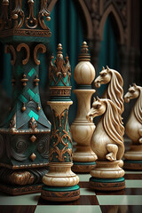 Portrait of chess pieces and chess board