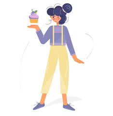 A cute girl holds a festive cupcake in the palm of her hand. The young woman loves sweets. Ideal for advertising confectionery, gifts, cards, banners. Flat isolated vector design.