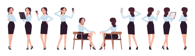 Obraz premium Attractive effective businesswoman set poses with gadgets. Office girl, female manager in formal pencil skirt for work occasion. Vector flat style cartoon character isolated, white background