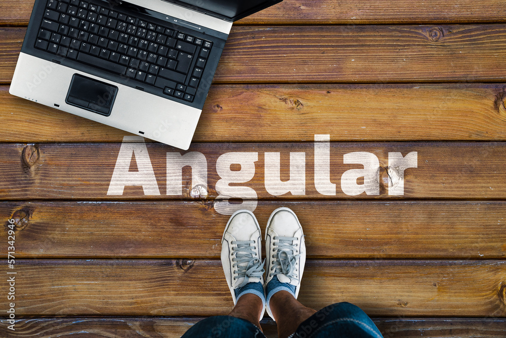 Poster Angular web framework.  Legs in shoes standing next to laptop and word Angular
