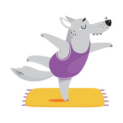 Cute funny wolf doing yoga. Adorable animal practicing fitness exercise cartoon vector illustration
