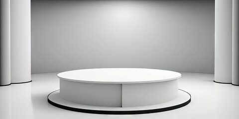 stage with a realistic white round podium in a white room. Generative AI